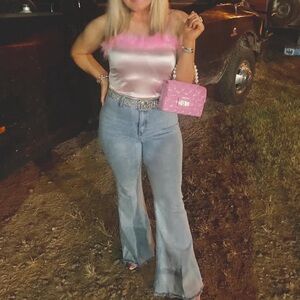Pink and Silver Satin Top with Pink Purse
